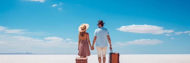 un uomo e una donna che si tengono per mano e camminano sulla spiaggia con le valigie.