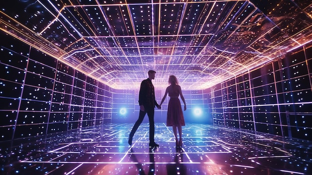 Un uomo e una donna che si tengono per mano in una sala da discoteca.