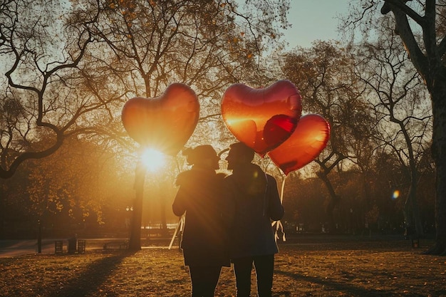 un uomo e una donna che tengono palloncini a forma di cuore