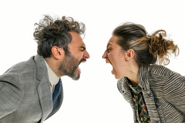 Un uomo e una donna che urlano l'uno all'altro isolati su uno sfondo bianco