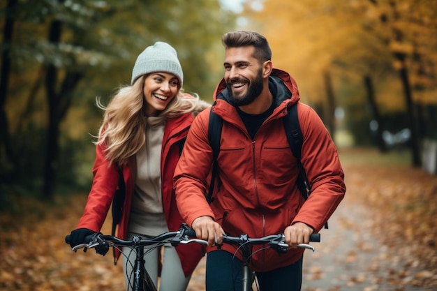 un uomo e una donna che vanno in bicicletta in un parco