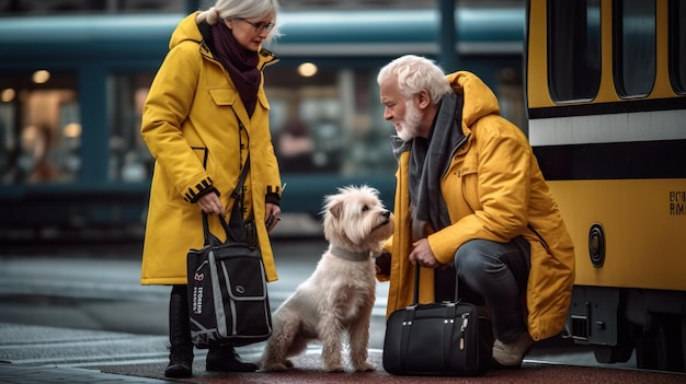 Un uomo e una donna con un cane e valigie immagine generativa ai