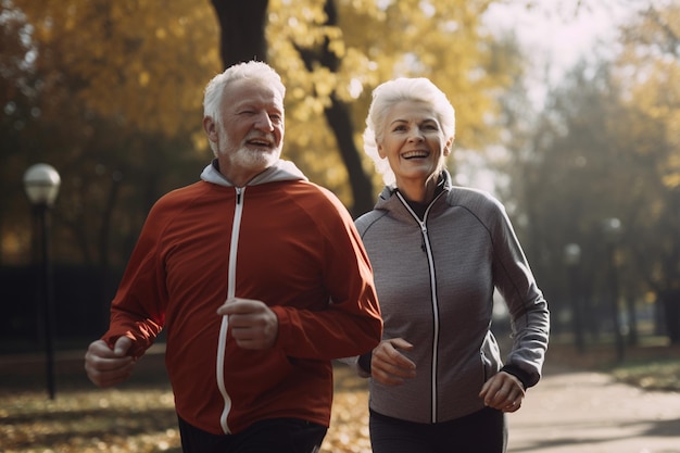 Un uomo e una donna corrono all'aperto in autunno.