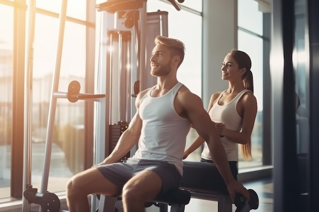 Un uomo e una donna fanno sport in palestra con un personal trainer