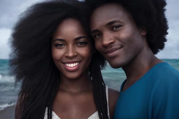 Un uomo e una donna felici e sorridenti sulla spiaggia sullo sfondo delle onde dell'oceano Una giovane e bella coppia di afroamericani innamorati