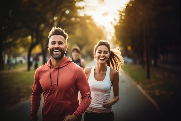 Un uomo e una donna in abiti sportivi corrono attraverso un parco