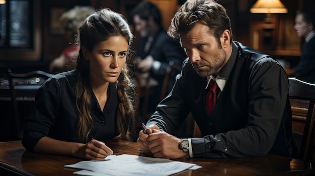 un uomo e una donna in giacca e cravatta stanno guardando un documento che dice "