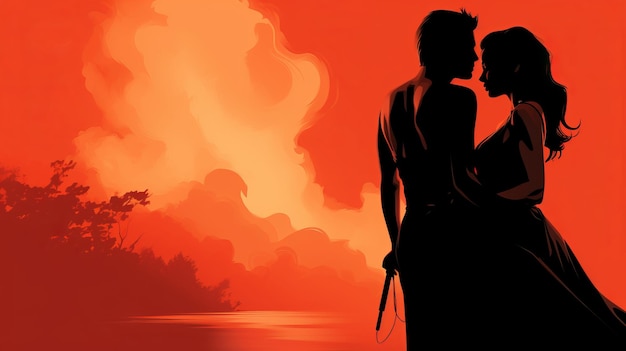 un uomo e una donna in piedi davanti a un tramonto arancione
