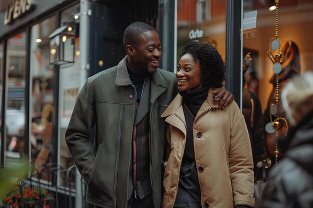 Un uomo e una donna in piedi fuori da un negozio sorridente a ciascuno