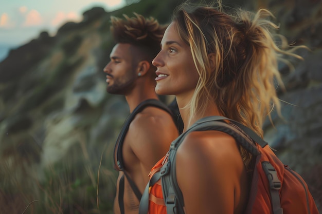 Un uomo e una donna in piedi l'uno accanto all'altro su una scogliera con vista sull'oceano