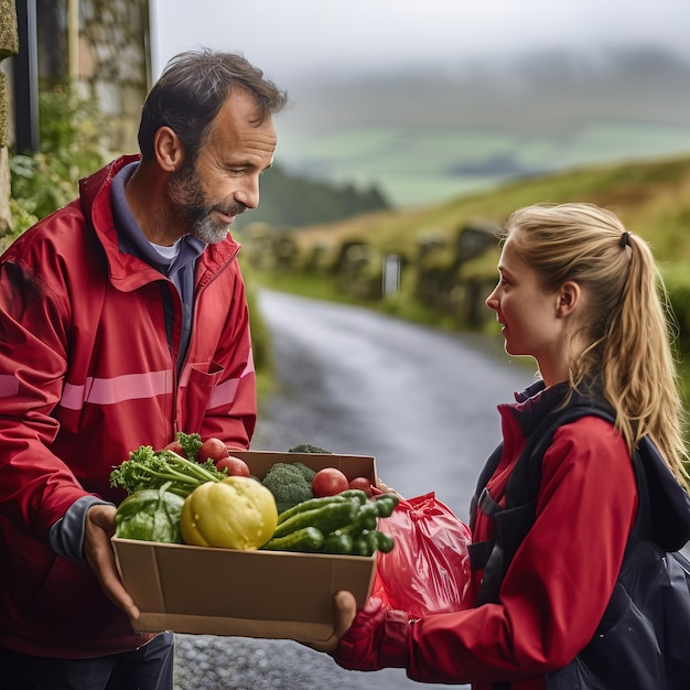 Un uomo e una donna in possesso di una scatola di verdure.