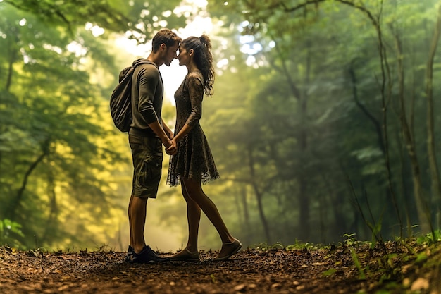 Un uomo e una donna innamorati in piedi nel bosco tenendosi per mano.