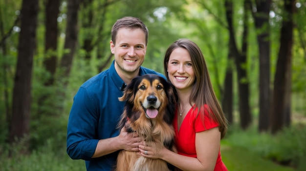 un uomo e una donna posano per una foto con un cane