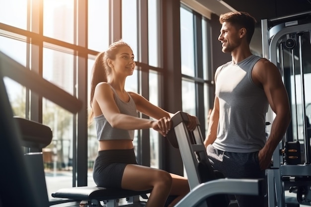 Un uomo e una donna praticano sport in palestra con un personal trainer