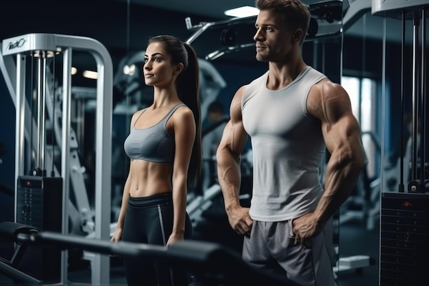 Un uomo e una donna praticano sport in palestra con un personal trainer