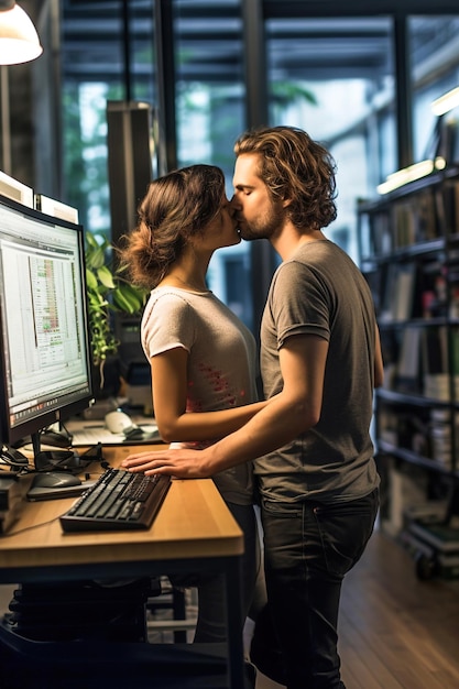 Un uomo e una donna programmatori che si baciano davanti a un computer in ufficio una coppia innamorata che mostra l'amore o