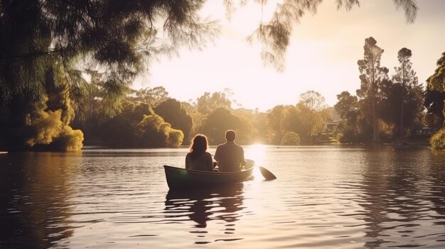 Un uomo e una donna remano pacificamente in canoa su un lago calmo