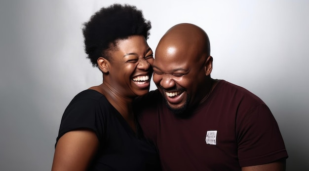 Un uomo e una donna ridono insieme, entrambi indossano una maglietta rossa con la scritta "la parola amore"