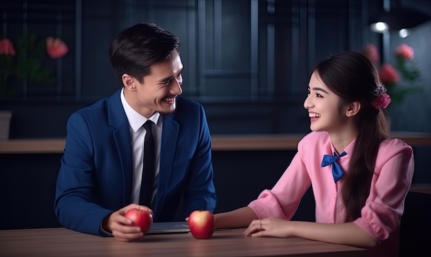 Un uomo e una donna seduti a un tavolo con le mele