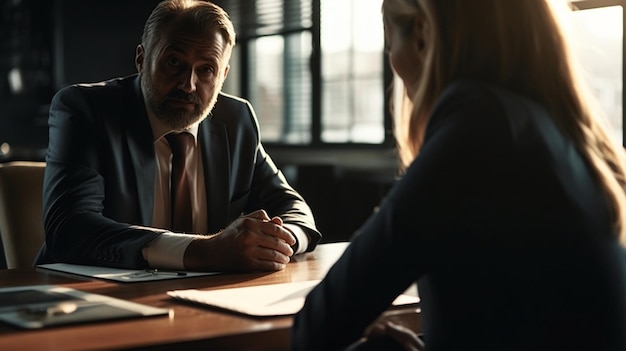 Un uomo e una donna seduti a un tavolo in un ufficio buio, uno di loro sta parlando.