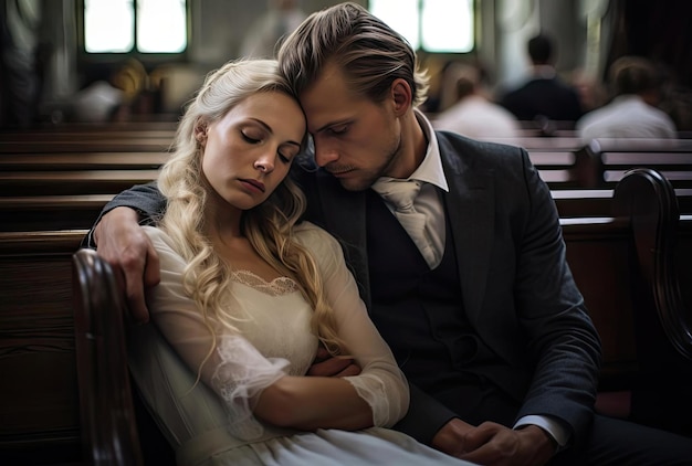 un uomo e una donna seduti con le braccia incrociate in chiesa nello stile di scene emotive e drammatiche