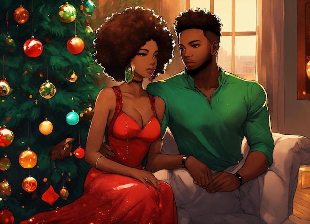 un uomo e una donna seduti davanti a un albero di Natale