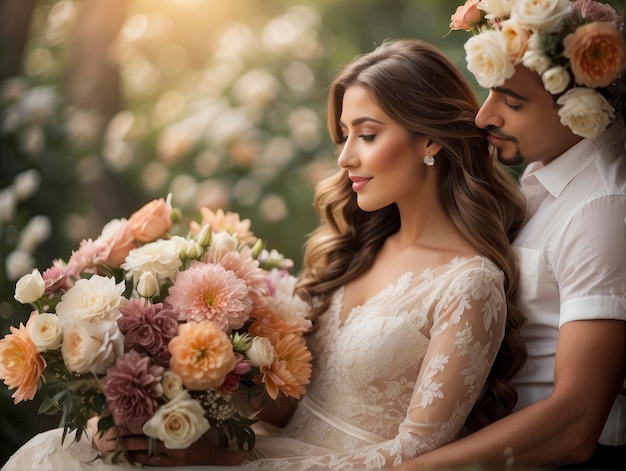 un uomo e una donna seduti l'uno accanto all'altro con dei fiori nelle mani