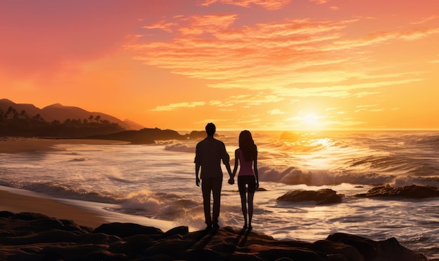 Un uomo e una donna seduti su una roccia a guardare il tramonto
