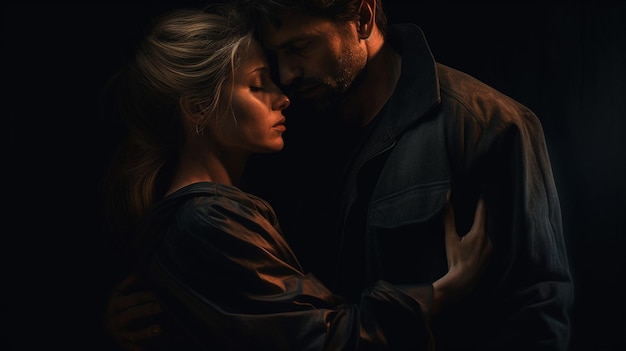 Un uomo e una donna si abbracciano nell'oscurità.