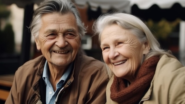 Un uomo e una donna si siedono insieme, sorridendo e guardando la telecamera.