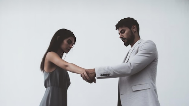 Un uomo e una donna si tengono per mano, entrambi indossano un abito bianco e un blazer bianco.