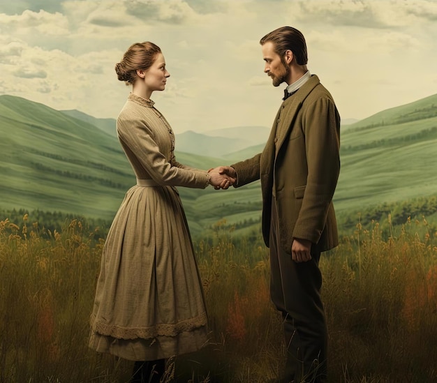 un uomo e una donna si tengono per mano nell'erba nello stile del romanticismo tedesco
