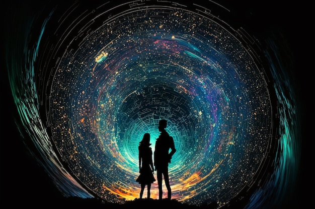 Un uomo e una donna si trovano di fronte a un buco nero con su scritto "l'universo".