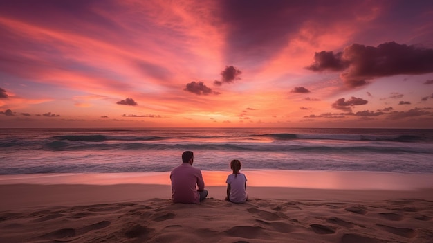 Un uomo e una donna siedono su una spiaggia a guardare il tramonto.