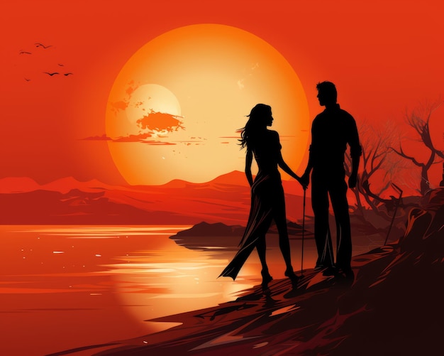 un uomo e una donna sono in piedi davanti a un tramonto arancione
