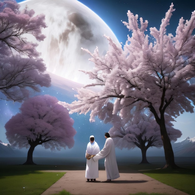 Un uomo e una donna sono in piedi su un sentiero davanti alla luna piena.