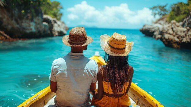 Un uomo e una donna sono seduti in una barca su un oceano blu