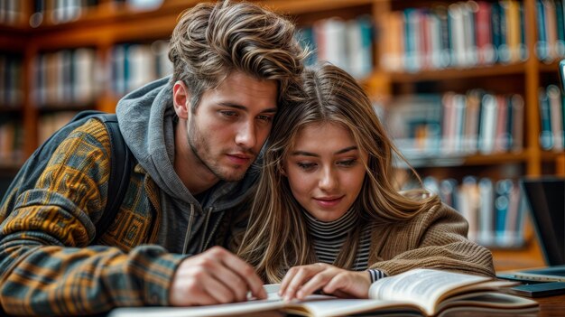 Un uomo e una donna sono seduti insieme in una biblioteca a guardare un libro