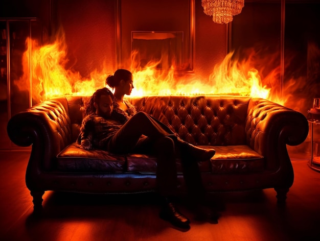 Un uomo e una donna sono seduti su un divano davanti al fuoco con le parole " fuoco " sulla parete.