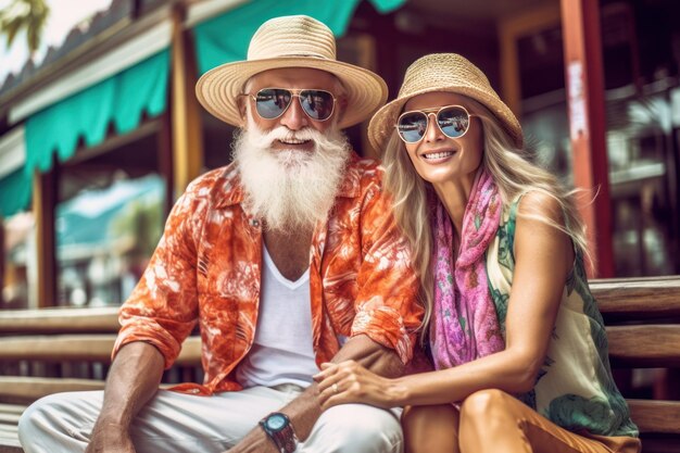 Un uomo e una donna sono seduti su una panchina e indossano occhiali da sole e un cappello.