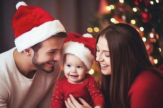 Un uomo e una donna sorridono a un bambino che indossa un cappello da Babbo Natale