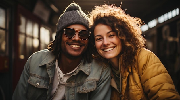 Un uomo e una donna sorridono e sorridono in una cabina fotografica.