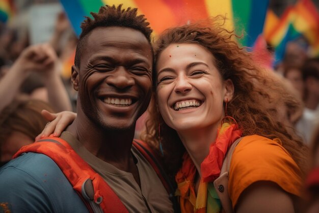 Un uomo e una donna sorridono per una foto davanti a una bandiera arcobaleno