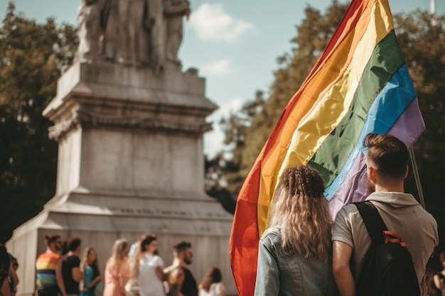 Un uomo e una donna stanno davanti a una bandiera arcobaleno.