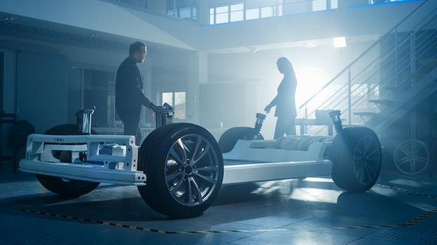 Un uomo e una donna stanno lavorando su un'auto in un garage.