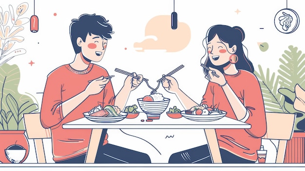 Un uomo e una donna stanno mangiando cibo coreano con le bacchette a un tavolo illustrazioni moderne in stile disegnato a mano