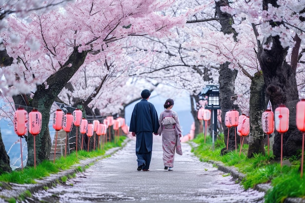 Un uomo e una donna stanno passeggiando lungo un sentiero circondato da alberi di ciliegio passeggiata romantica sotto i ciliegio in Giappone generata dall'IA