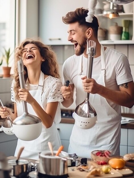 un uomo e una donna stanno ridendo e ridendo in una cucina con pentole e padelle