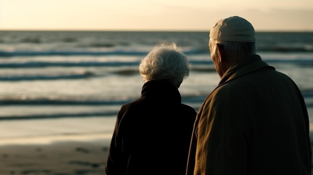 Un uomo e una donna stanno sulla spiaggia guardando l'oceano.