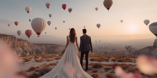 Un uomo e una donna su una collina guardano un gran numero di palloncini volanti